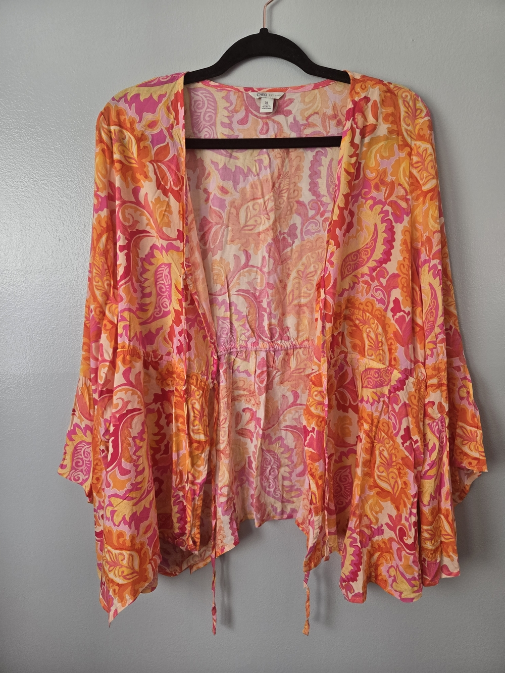 Cato Paisley Swim Cover Up Pink Orange Yellow Tie Front Bell Sleeve Chiffon XL - Picture 4 of 8